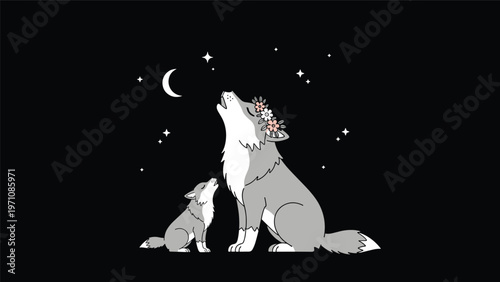 Mother wolf and her pup howling at the crescent moon in a starry night sky with flower crown on the adult wolf.