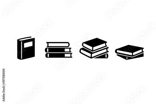 Collection of four stylized black and white icons representing stacks and single books, evoking education, knowledge, and literature in a minimalist graphic design style