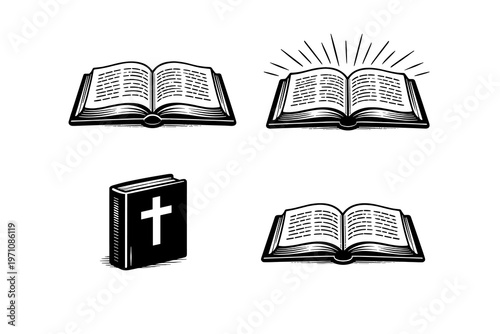 Stylized illustrations of open and closed sacred texts, symbolizing profound faith, spiritual wisdom, divine guidance, and holy inspiration