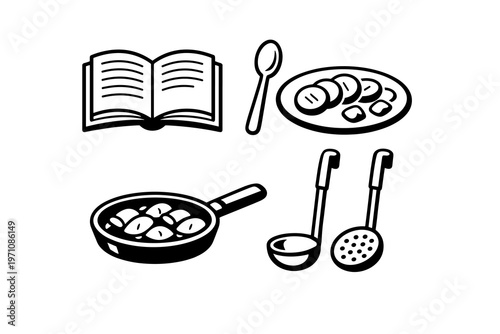 Set of hand-drawn culinary icons including an open cookbook, spoon with food slices, frying pan with food, and two ladles, perfect for recipe blogs and cooking websites
