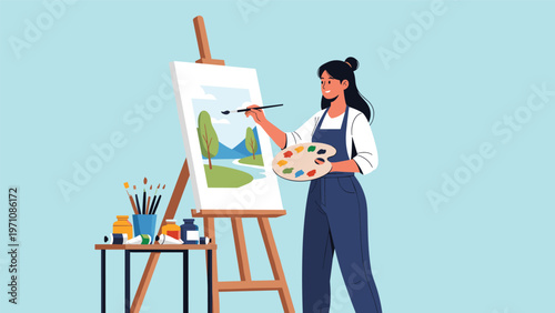 Talented female artist standing in her professional studio and painting a landscape on canvas with brushes and a palette.
