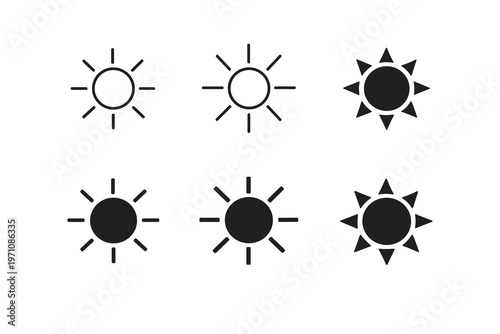 Collection of six sun icons in outline and solid filled styles, representing weather and daylight, isolated on a white background