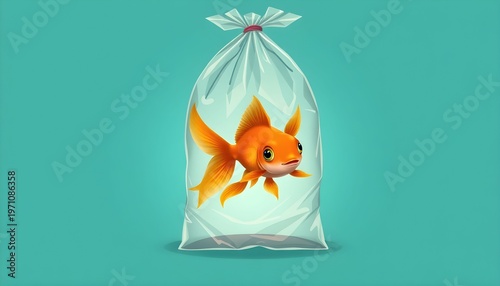 An orange goldfish swims in a clear plastic bag on a green background
