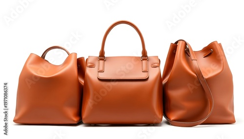 Three stylish leather handbags on display against a clean white background