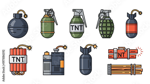 Set of various explosive devices including round bombs, grenades, dynamite sticks, and missiles on white background.