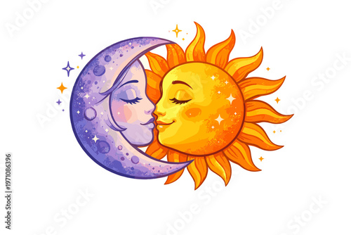 Whimsical celestial kiss a vibrant artistic illustration of a loving sun and mystical moon embracing in a cosmic dance of warmth and starlight