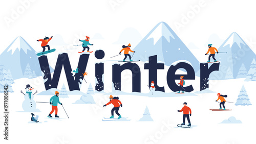 Artistic winter themed landscape showing tiny people enjoying seasonal activities like skiing and snowboarding around giant stylized text.