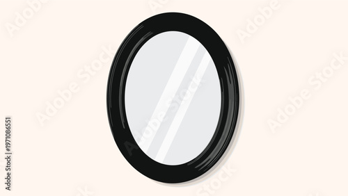 Classic oval mirror with a sleek black frame reflecting light in a simple and elegant illustration style for interior design concepts.