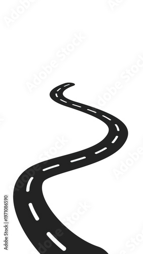 Winding asphalt road with white dashed lines isolated on transparent background