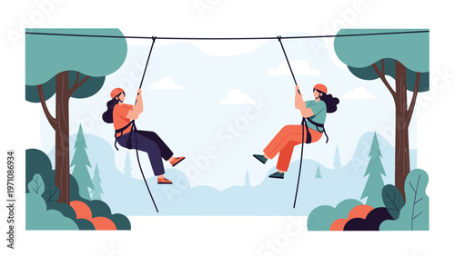 Two young women enjoying an adventurous ziplining experience through a lush green forest with mountains in the distant background.