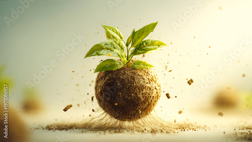 A small green plant growing from fertile soil in a smooth ball, with a delicate root system visible beneath. Soft sunlight illuminates the plant from above, surrounded by floating particles.