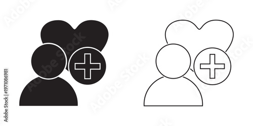 Plus Icon Set for Add Actions Collection of minimal  in solid and outline styles, representing add, create, favorite, and user actions in UI design.EPS10/AI.