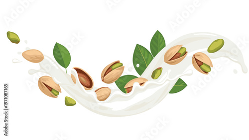 Dynamic splash of milk or cream with whole and shelled pistachio nuts and green leaves floating in a smooth white liquid stream.
