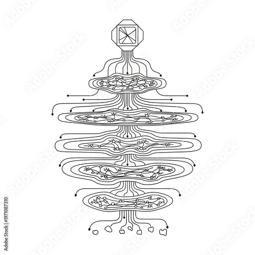 Geometric shapes connected lines forming symbol.