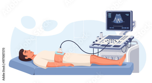 Patient undergoing abdominal ultrasound examination with modern medical equipment