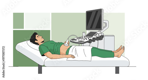 Patient undergoing abdominal ultrasound examination with medical equipment in a clinic.
