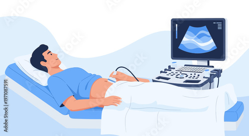 Patient Undergoing Abdominal Ultrasound Scan in Medical Clinic