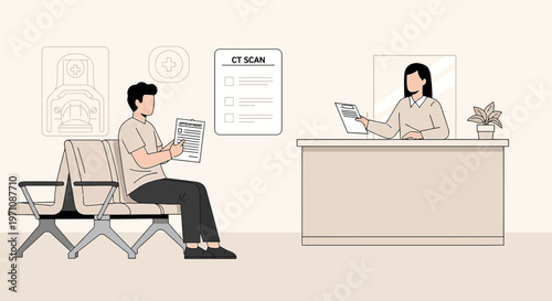 Patient in waiting room receiving medical documents at reception desk for CT scan