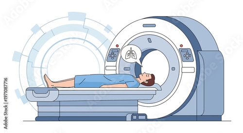 Patient undergoing CT scan for lung imaging with futuristic technology interface