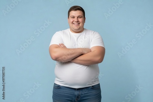 Smiling man stands with arms crossed in a light blue background during daytime in a simple indoor setting