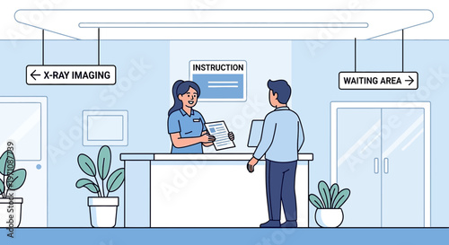 Patient interacting with receptionist at clinic reception desk, medical instructions