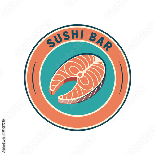 Appealing vector logo design for a sushi bar featuring a fresh salmon steak graphic emblem