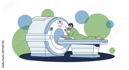 Patient lying in MRI scanner, listening to music with headphones, modern medical technology