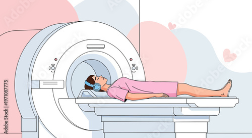 Patient Lying in MRI Scanner with Headphones, Medical Imaging Procedure