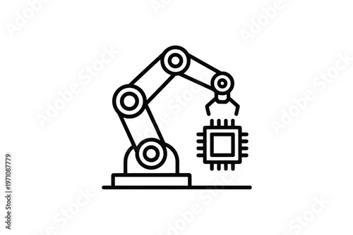 A robotic arm is picking up a microchip in a factory