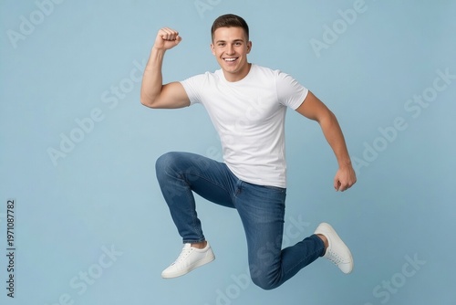 Young man jumps and shows excitement in front of blue background in a casual setting during the day