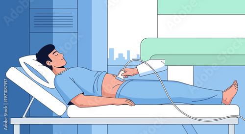 Patient undergoing abdominal ultrasound examination in a modern medical clinic