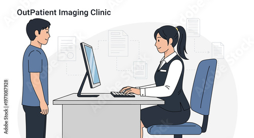 Patient Registration at Outpatient Imaging Clinic with Medical Staff at Computer