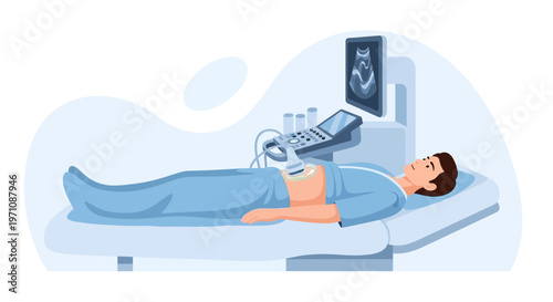 Patient Undergoing Abdominal Ultrasound Examination in Medical Clinic