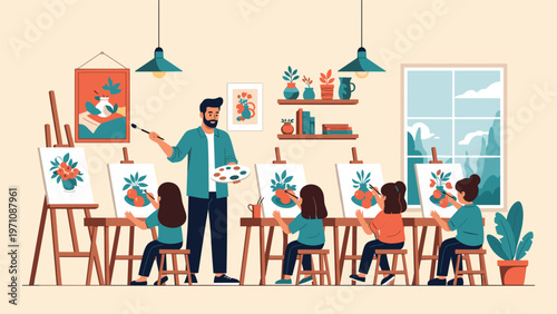 Creative art class where a teacher is instructing young children how to paint vibrant floral still life compositions on small canvases.