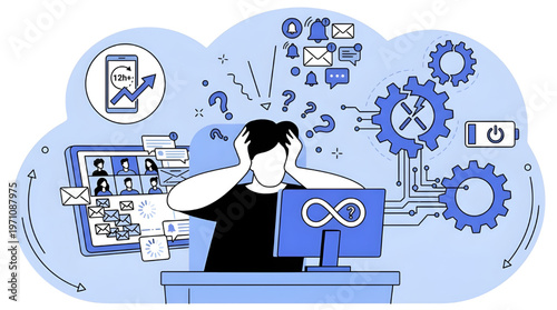 Digital Burnout Concept with Overwhelmed Man at Computer and Notification Overload Illustration