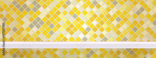 Tile kitchen background and yellow bathroom pattern with shelf product wall. 3d countertop white and counter restroom orange with mock backdrop bright. Perspective yellow bathroom and mockup.