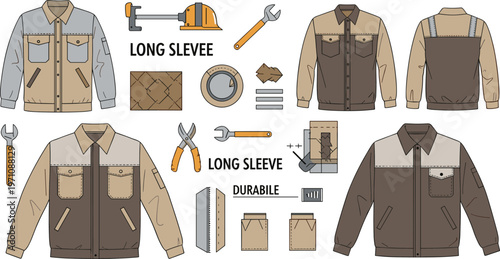 Long Sleeve Workwear Jacket Design Collection with Durable Fabric Details, Utility Pockets and Industrial Apparel Elements for Fashion Illustration