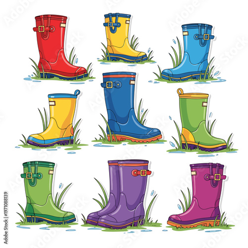 Vibrant collection of cute vector rain boots standing in puddles and wet grass