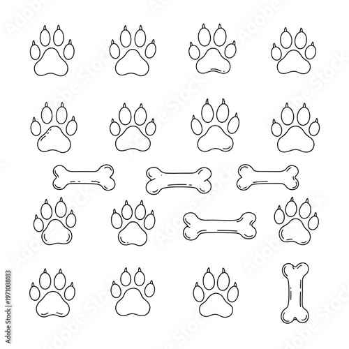 Adorable Seamless Pattern of Pet Paw Prints and Bones, Cute Vector Illustration on White Background, Top View