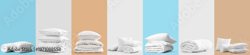 Foto Set of soft blankets and pillows on color background