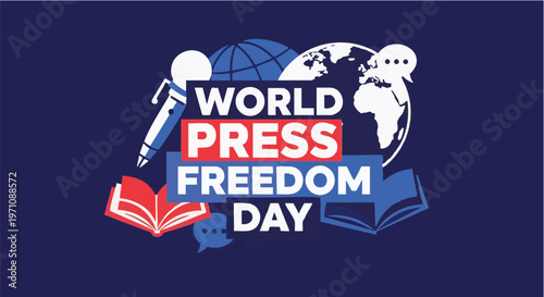 World Press Freedom Day logo in blue and white colors with red accents on dark background for journalism and media