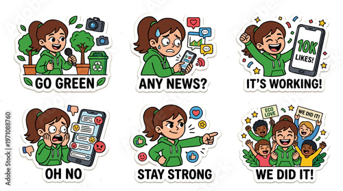 Female Eco Influencer Sticker Set for Social Media Marketing and Environmental Awareness Showing Content Creation Viral Success Hate Comments Resilience and Community Achievement for Green Living