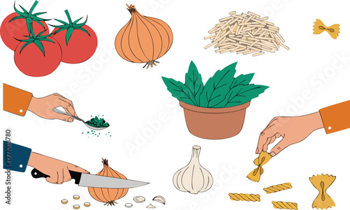 Minimal flat illustration of Italian cooking essentials showing pasta, tomatoes, herbs, and olive oil. Perfect concept for recipes, cuisine, food blog and culinary projects.