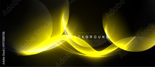 Abstract yellow waves over black background. Smooth curves create dynamic, flowing design. Modern aesthetic, suitable for digital projects.