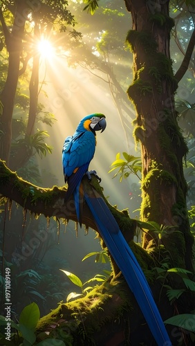 A blue parrot perches on a mossy branch in a sunlit forest