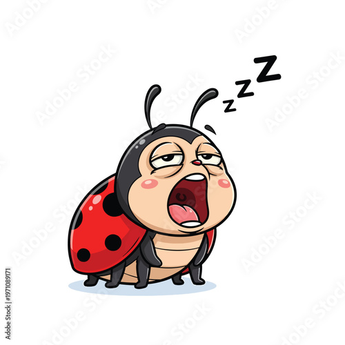 Cute cartoon ladybug yawning and feeling sleepy, an adorable vector illustration with zzz symbols.