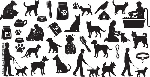 Black silhouettes of pets and their owners at home