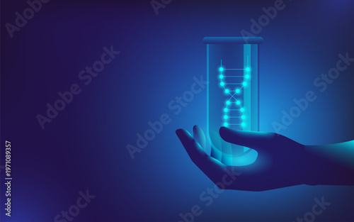 A hand with a test tube working on DNA code. Vector banner on the topic of bioengineering and biohacking. Sci-fi-style illustration.