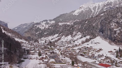 Drone Panorama of Snowy Lauterbrunnen in Winter