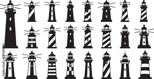 Collection of various lighthouse silhouettes and icons in black